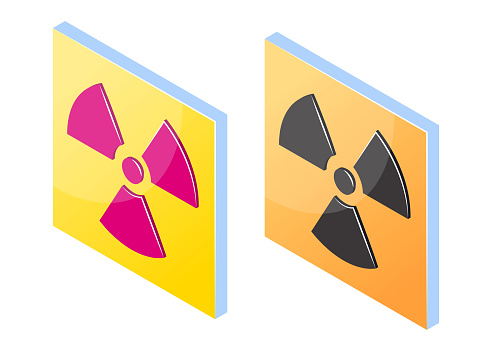 Ionizing radiation 3d signs. Hazard US and international icons with a trefoil in isometric view. Vector illustration isolated on a white background.