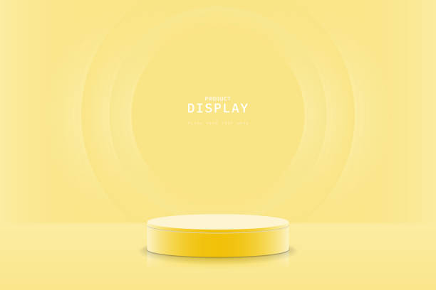 istock Soft clean 3d room with yellow 3d cylinder podium pedestal or product display stand and glowing light behind circles shape layers. Scene for mockup or product presentation. geometric platform design. 1512446426