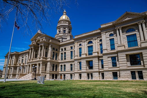 Wyoming, WY, USA - May 10, 2022: The huge outside preserve grounds of Wyoming State Capitol