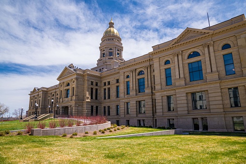 Wyoming, WY, USA - May 10, 2022: The huge outside preserve grounds of Wyoming State Capitol