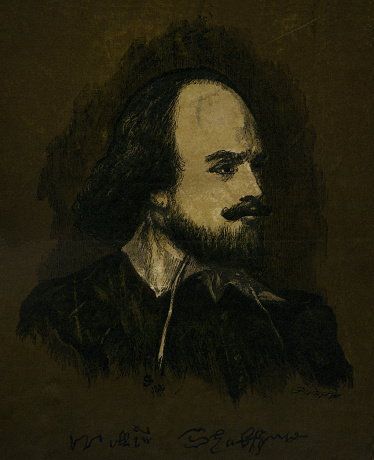 PORTRAIT OF WILLIAM SHAKESPEARE. 
Vintage illustration circa late 19th century, engraved by Sir John Gilbert, and edited by Howard Staunton (1882) to illustrate the work of William Shakespeare. Digital restoration by Pictore.