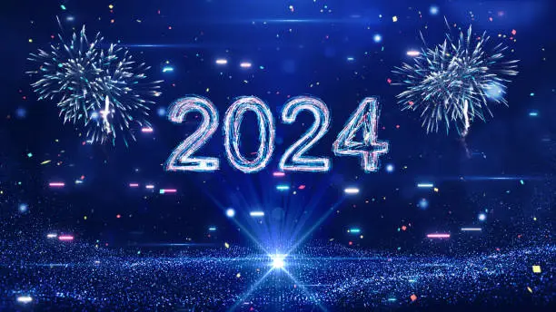 Photo of Happy New Year 2024 festival technology concept celebration. slow motion bokeh particle confetti and fireworks glittering on a dark blue background.