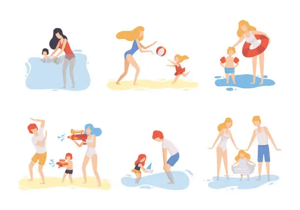 Vector illustration of Family at Beach Scene with Father, Mother and Kid Having Fun Together Vector Set