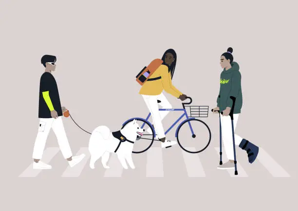 Vector illustration of A group of diverse characters crossing the road, urban daily life