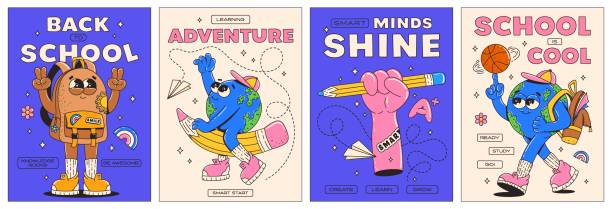 Back to school retro groovy posters. Education conception. Funky cute characters. Earth planet, backpack, hand with pencil. Contemporary vector illustration. Back to school retro groovy posters. Education conception. Funky cute characters. Earth planet, backpack, hand with pencil. Contemporary vector illustration. pencil art cartoons stock illustrations