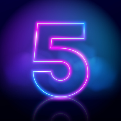 Purple vector neon tube number five with fog on dark background. Neon color glowing number