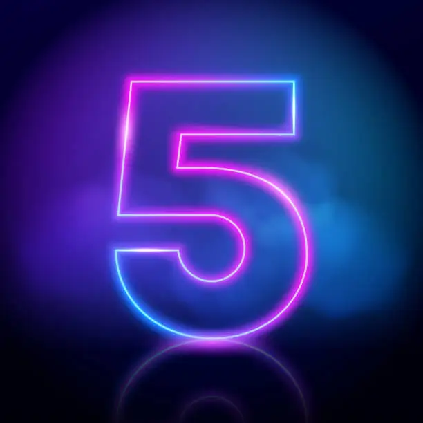 Vector illustration of Purple neon tube number five with fog on dark background. Neon color glowing number