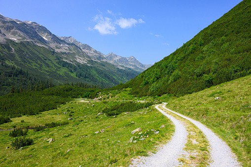 Winding mountain road in the Alps. Silbertal, Montafon, Vorarlberg