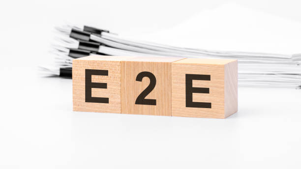 istock E2E wooden blocks word on white background. E2E - short for End to End, Exchange to Exchange, business concepts 1512551255