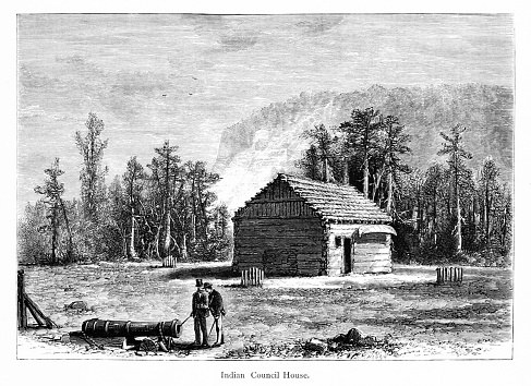 Tourist look at a canon and Native American Council House in upstate New York State, USA. Pen and pencils engravings, published 1872. This edition edited by William Cullen Bryant is in my private collection. Copyright is in public domain.
