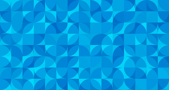 Seamless blue Bauhaus abstract vector shapes and circles background illustration for use as background template for business documents, cards, flyers, banners, advertising, brochures, posters, digital presentations, slideshows, PowerPoint, websites
