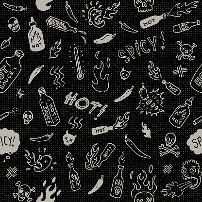 Spicy hot hand drawn style hot sauce doodle sketches vector illustration on black background. Seamless so will tile endlessly