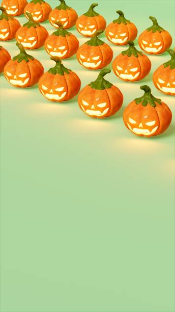 istock pumpkin lanterns shine on green stage, 3d illustration, festivity and fun theme 1512643441
