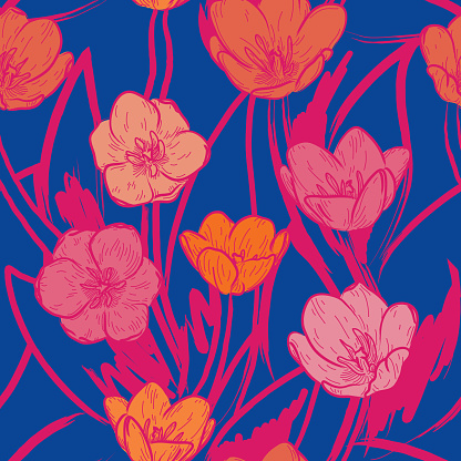 A bold floral print of open and closing tulip flowers make for a bright and memorable 1960s style floral seamless pattern. Global colors used, easy to change.