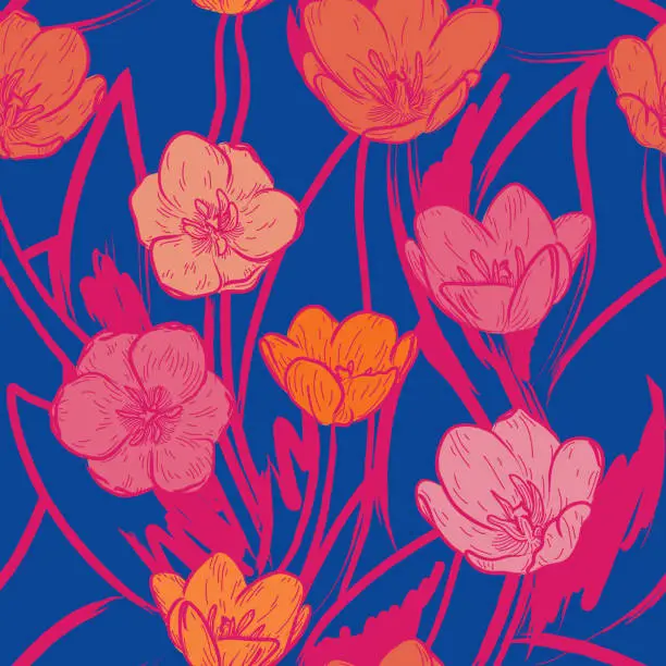 Vector illustration of Wild and Bright 60s Psychedelic Tulip Floral Seamless Pattern Background