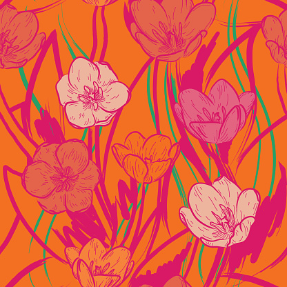 A bold floral print of open and closing tulip flowers make for a bright and memorable 1960s style floral seamless pattern. Global colors used, easy to change.