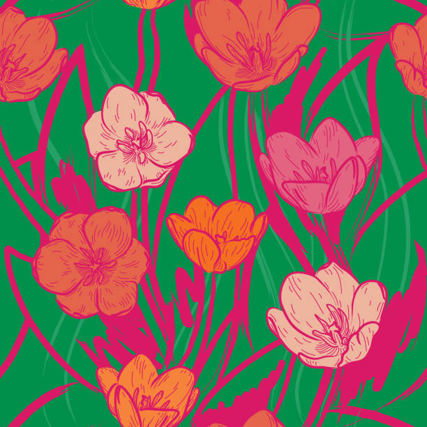 illustrations, cliparts, dessins animés et icônes de wild and bright 60s psychedelic tulip floral seamless pattern background - double tulip