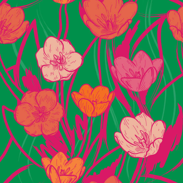 A bold floral print of open and closing tulip flowers make for a bright and memorable 1960s style floral seamless pattern. Global colors used, easy to change.