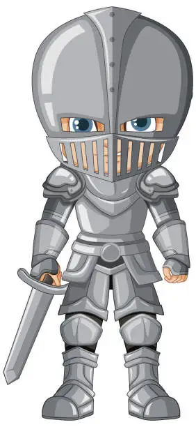 Vector illustration of Cartoon knight boy holding sword and shield