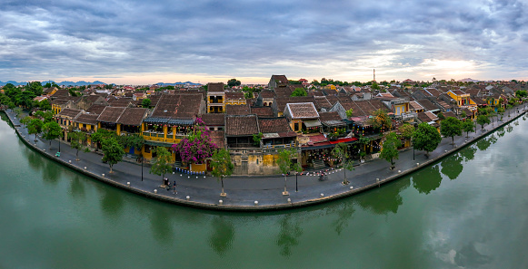 Panoramic view of Hoi An Ancient Town and Thu Bon River in early morning, Quang Nam Province