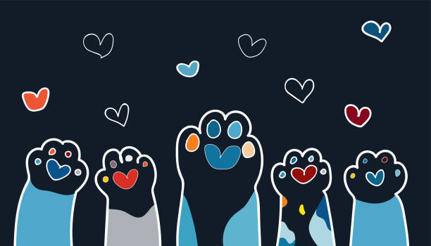 ilustrações de stock, clip art, desenhos animados e ícones de vector doodle kids style cat dog paws cartoon pattern background - human hand on black