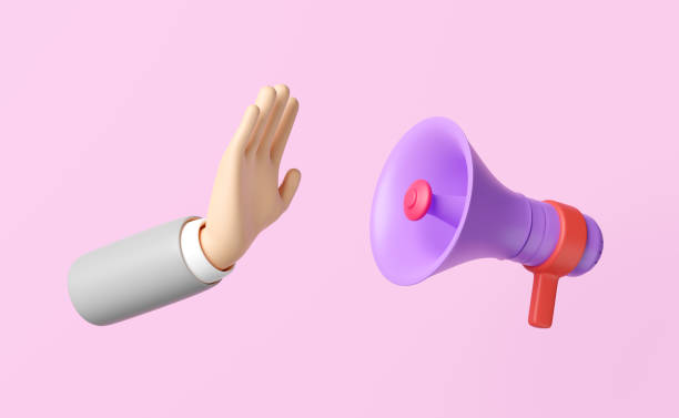 istock 3d hand stop with megaphone isolated on pink background. Don't use the sound, 3d render illustration 1512739988