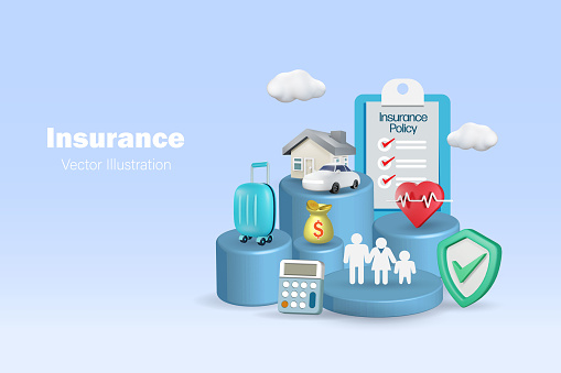Insurance product services for family, medical, home, car and travel insurance on podium with insurance policy and protection shield. 3D vector.