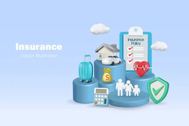 Vector illustration of Insurance product services for family, medical, home, car and travel insurance on podium with insurance policy and protection shield. 3D vector.