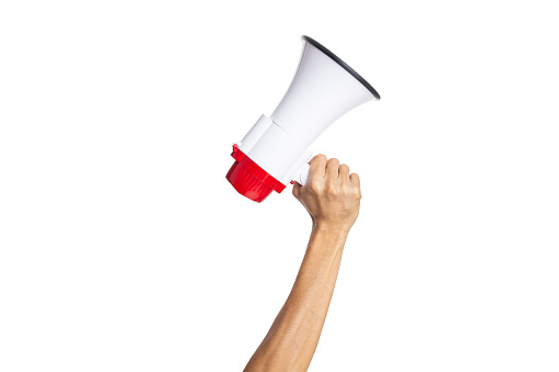 male hand holding a megaphone on a white background with clipping path