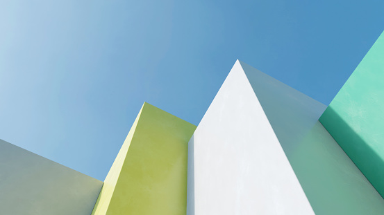 Abstract minimal architecture on blue sky background.