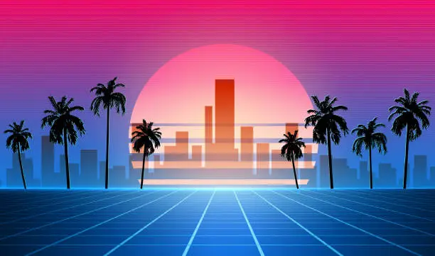 Vector illustration of Synthwave retro background - city and palm trees