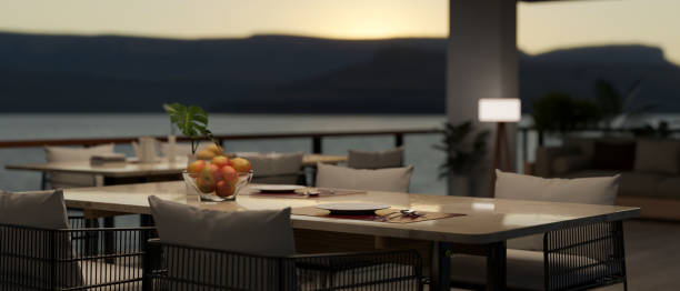 istock Modern contemporary dining room with modern dining table, open space, Mountain View. 1512883236