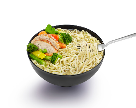 Bowl of Noodles with sauce on white background