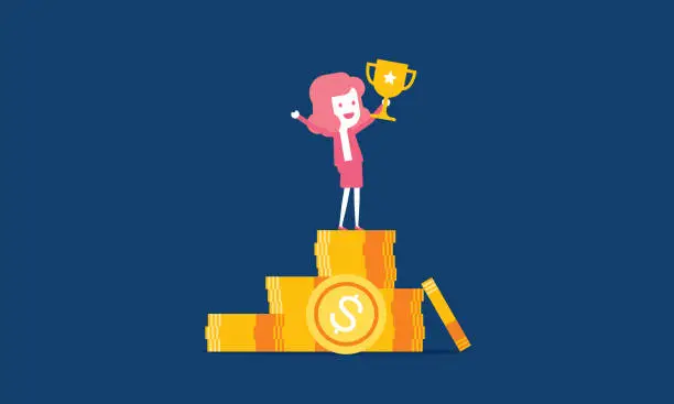 Vector illustration of Successful businesswoman standing on top of money