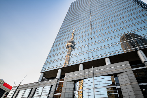 Reflection of the CN Tower on a building in downtown Toronto, Ontario, Canada