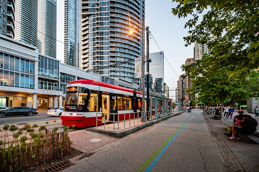 Streetcar tram on Queens Quay and a bike lane in Toronto, Ontario, Canada