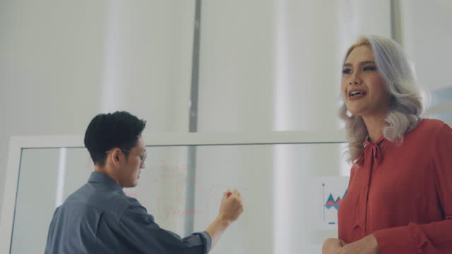 Asian transgender woman explaining detail while coworker  writing strategy on glass board in a meeting room.