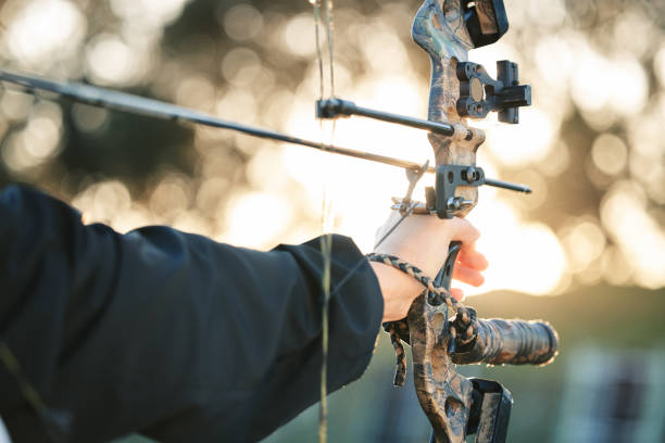 istock Hands, bow and arrow with aim for target, training and exercise for goal, mission and learning for sport. Shooting range, competition and archer with accuracy, exercise and focus for archery sports 1512944615