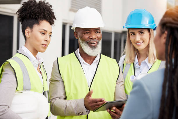 istock Teamwork, architecture and tablet with people on construction site for planning, project and engineering. Building, technology and collaboration with contractors for designer, our vision and goals 1512945181