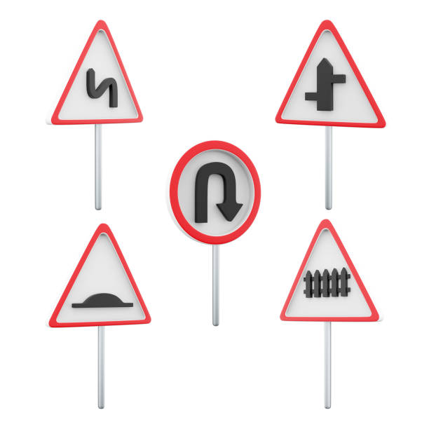 istock 3d rendering Railway train level crossing, U turn, Dangerous turns with first left, Artificial unevenness, Intersection with a secondary road sign icon set. 3d render road sign concept icon set 1513012948