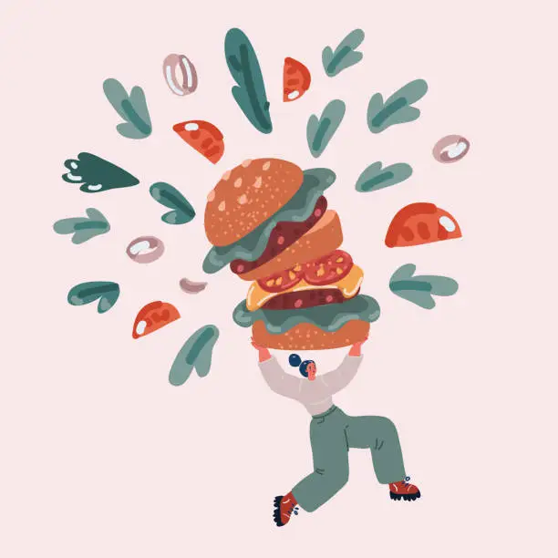 Vector illustration of Fast food. Young caucasian people headed by pizza's slice and burgers or sandwiches running and jumping on orange background. Copyspace for your ad. Creative collage about nutrition.