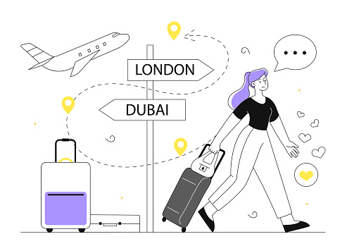 Woman with direction of travel line concept. Young girl with suitcase walks next to London and Dubai signs. Traveller and tourist at background of plane. Linear flat vector illustration