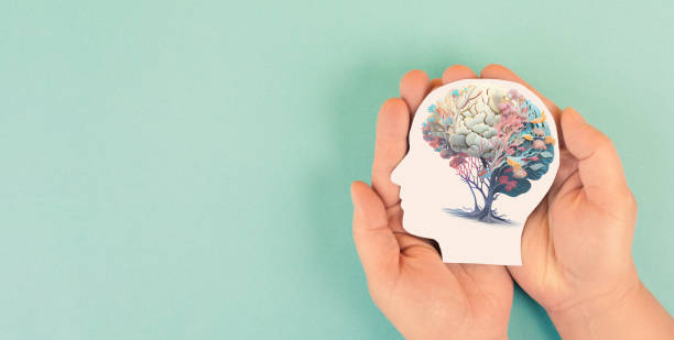 manos sosteniendo papel con membrete, cerebro humano con flores, concepto de autocuidado y salud mental, pensamiento positivo, mente creativa - salud mental fotografías e imágenes de stock