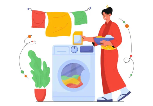 Vector illustration of Japanese housewife with laundry vector concept