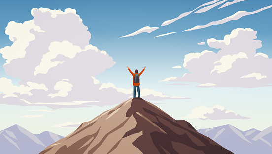 Vector illustration of a hiker with raised arms on top of a mountain in front of an impressive cloudscape. Concept for hiking, mountain climbing, achievement, success, aspirations and freedom.