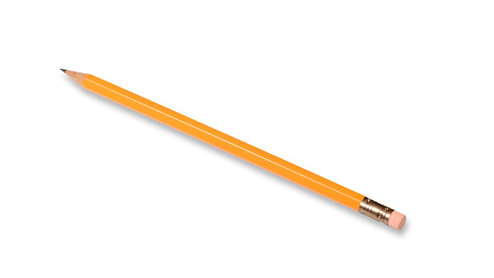 High angle view of yellow pencil with rubber end, isolated on white with clipping path.