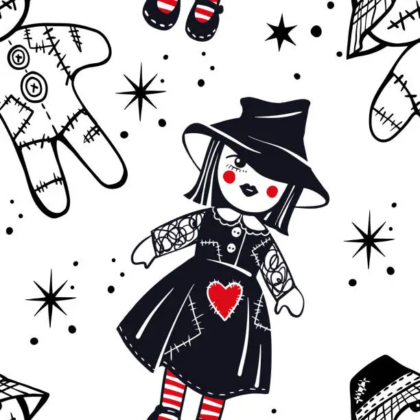 Vector illustration of Halloween witch and voodoo dolls seamless pattern.