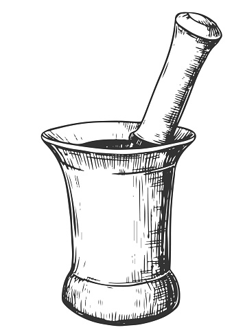 Copper mortar for grinding herbs on a white background. Hand drawn vector sketch. Drawing in the technique of engraving. Antique rustic kitchen utensils. Provencal crockery.