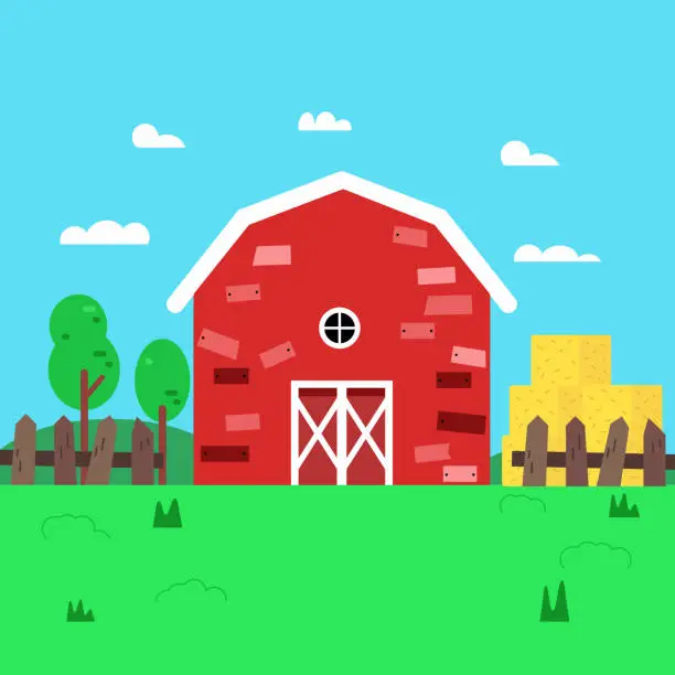 Vector illustration of Farm with haystack and nature landscape