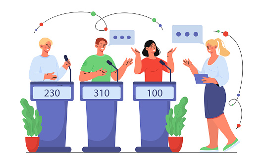 People at TV Quiz Show vector concept. Men and women stand behind points counter and answer questions. Testing knowledge and erudition. Entertainment content. Cartoon flat vector illustration